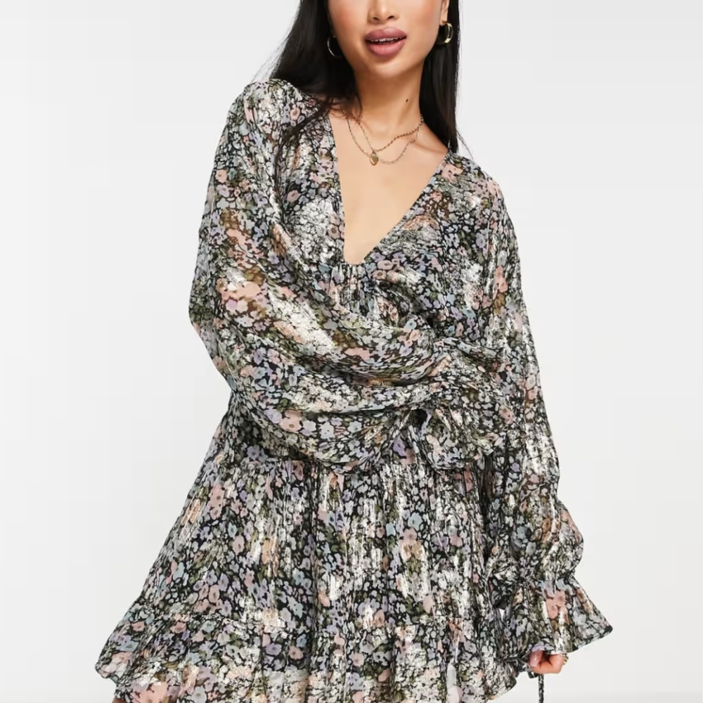 ASOS DESIGN Ditsy Floral Jacquard Chiffon Mini Smock Dress Tie Waist US 4 NWOT